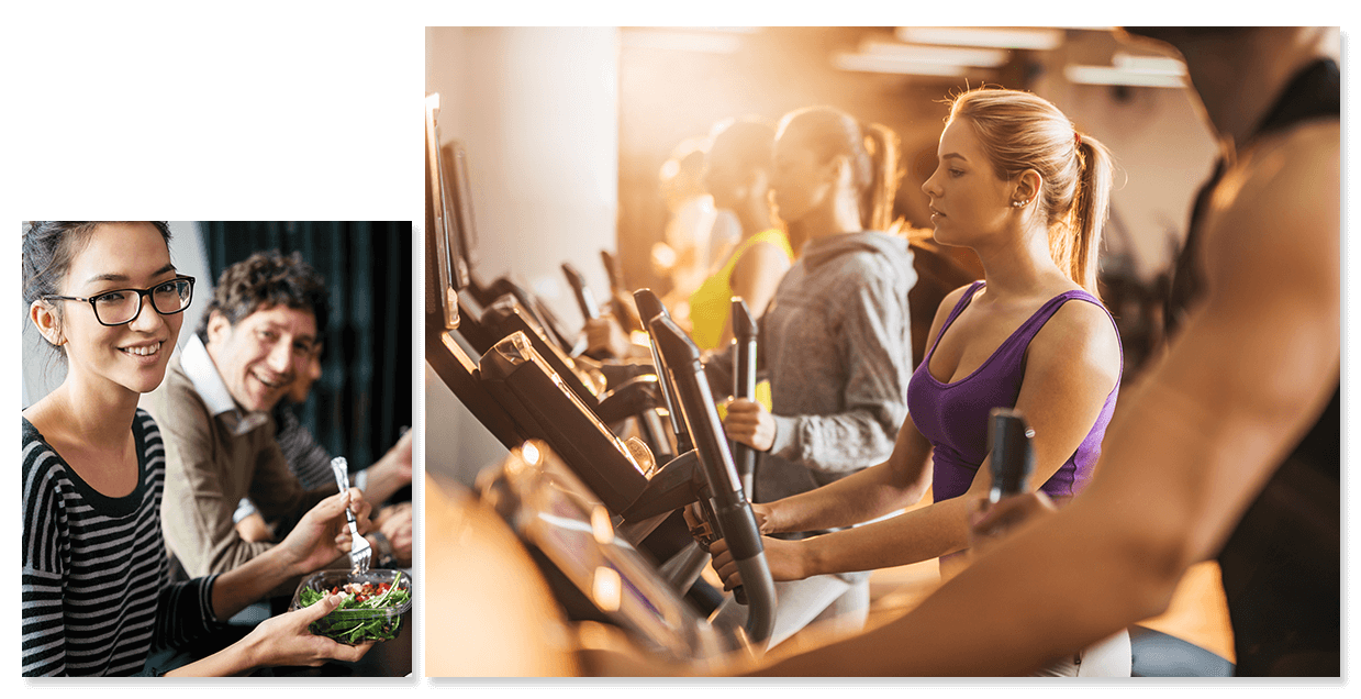 Montage of people eating and exercising.